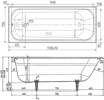 Чугунная ванна Wotte Start 170x70 см, пристенная, с ручками