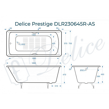 Чугунная ванна Delice Prestige 180х70 см, с отверстиями для ручек, с антискользящим покрытием