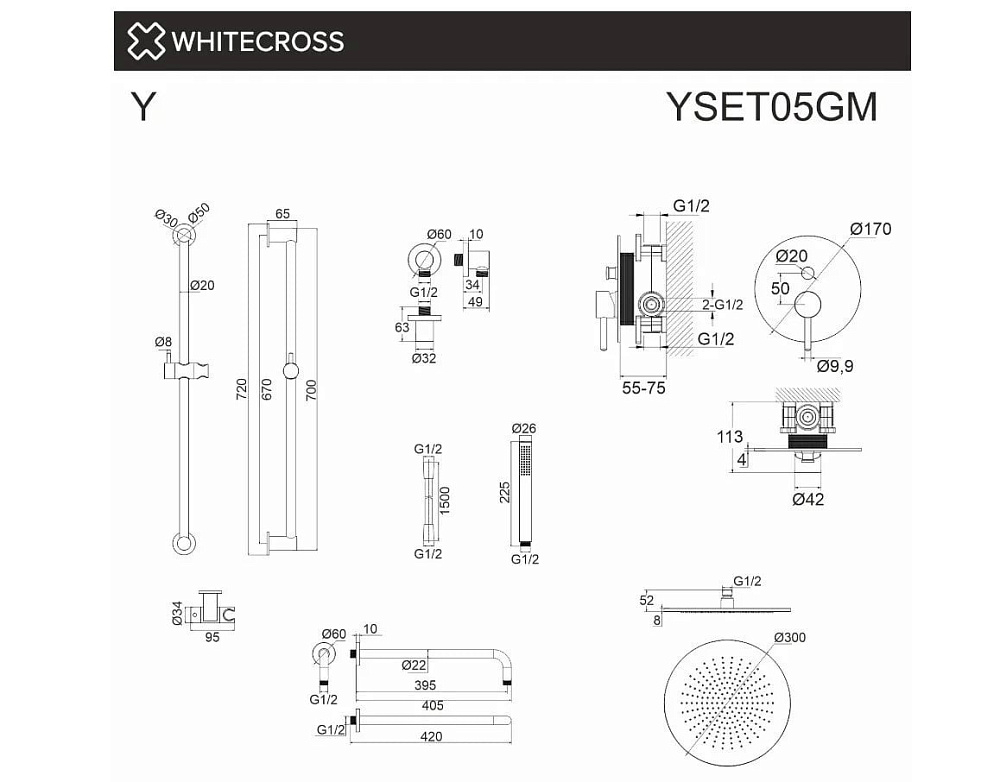 Душевой комплект WHITECROSS Y YSET05GM, С ВНУТРЕННЕЙ ЧАСТЬЮ, оружейная сталь