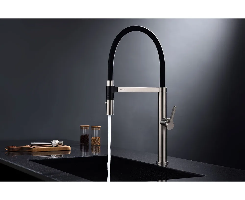 Смеситель для кухни Paulmark Leader Le214101-BS, с гибким изливом, брашированная сталь Sancos — официальный сайт