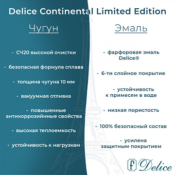 Чугунная ванна Delice Continental Limited Edition 165х70 см, с отверстиями для ручек, с антискользящ