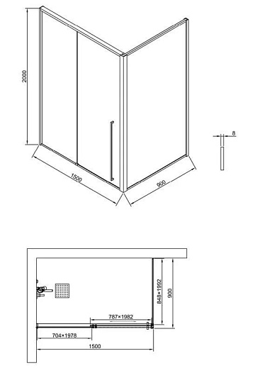 Душевой уголок Timo TDSS-150/13C-8R + TSS-900/13C-8 150x90 см, профиль никель, стекло прозрачное