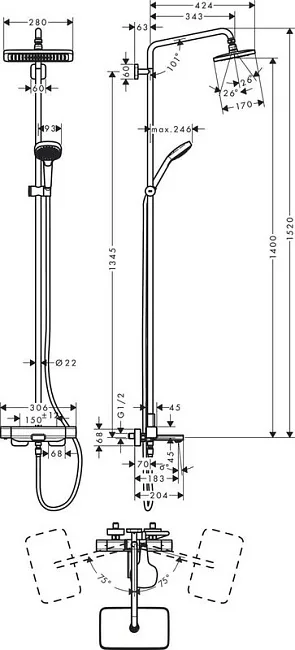 Душевая стойка Hansgrohe Croma 27687000, для ванны с душем, с термостатом Sancos — Оригинал