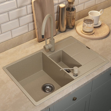 Кухонная мойка кварцевая Uperwood Quartz UPD-05-02, прямоугольная двухсекционная, бежевая