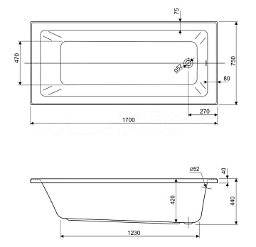 Акриловая ванна Cezares Plane Solo Mini 170x75 см, PLANE SOLO MINI-170-75-42-W37