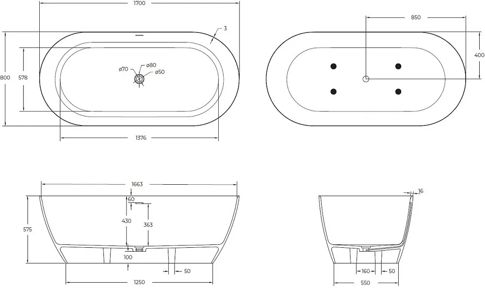 Ванна из искусственного камня Cezares Relax Solid Surface 170x80 см, отдельностоящая, матовая белая, Sancos — официальный сайт