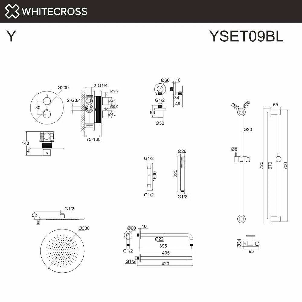 Душевой комплект WHITECROSS Y YSET09BL, С ВНУТРЕННЕЙ ЧАСТЬЮ, черный матовый