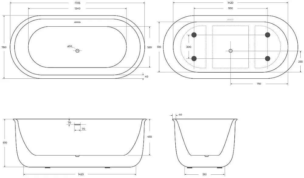 Акриловая ванна BelBagno BB709-1700-780 170x80 см, отдельностоящая, белая, овальная Sancos — официальный сайт