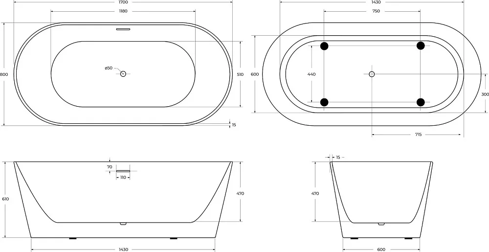 Акриловая ванна BelBagno BB416 170x80 см, отдельностоящая, белая, овальная, со сливом-переливом Sancos — официальный сайт