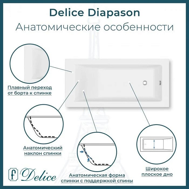 Ванна из литьевого мрамора Delice Diapason 170х75 см, пристенная с ручками хром