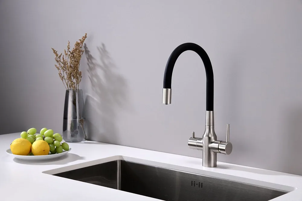 Смеситель для кухни Paulmark Salix 213419-NI, никель, черный, с гибким изливом Sancos — официальный сайт