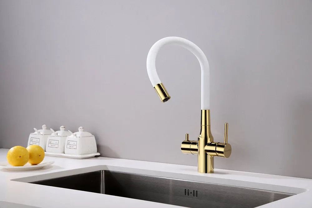 Смеситель для кухни Paulmark Salix 213419-Gw, золото, белый, с гибким изливом Sancos — официальный сайт
