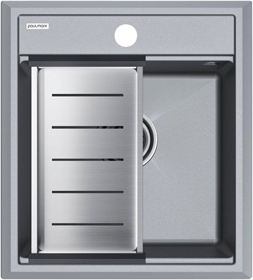 Мойка кухонная Paulmark Stepia PM114651-GRM+A375-BS с коландером, серый металлик