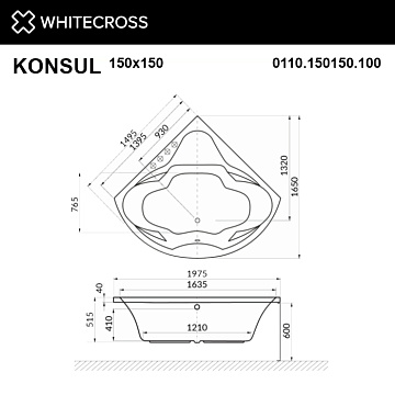 Акриловая ванна WHITECROSS Konsul 150x150 см, 0110.150150.100