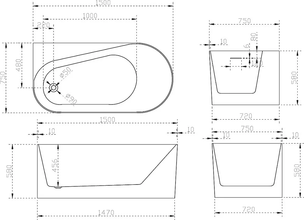 Акриловая ванна Abber AB9496-1.5 L 150x75 см, угловая, левая, пристенная, белая, асимметричная, с ка Sancos — официальный сайт