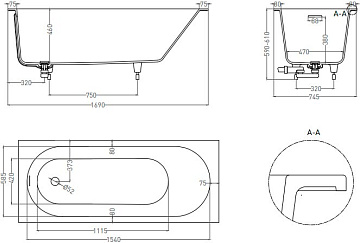 Ванна из искусственного камня Salini Ornella Kit S-Sense 170x75 см, встраиваемая, матовая белая, на 