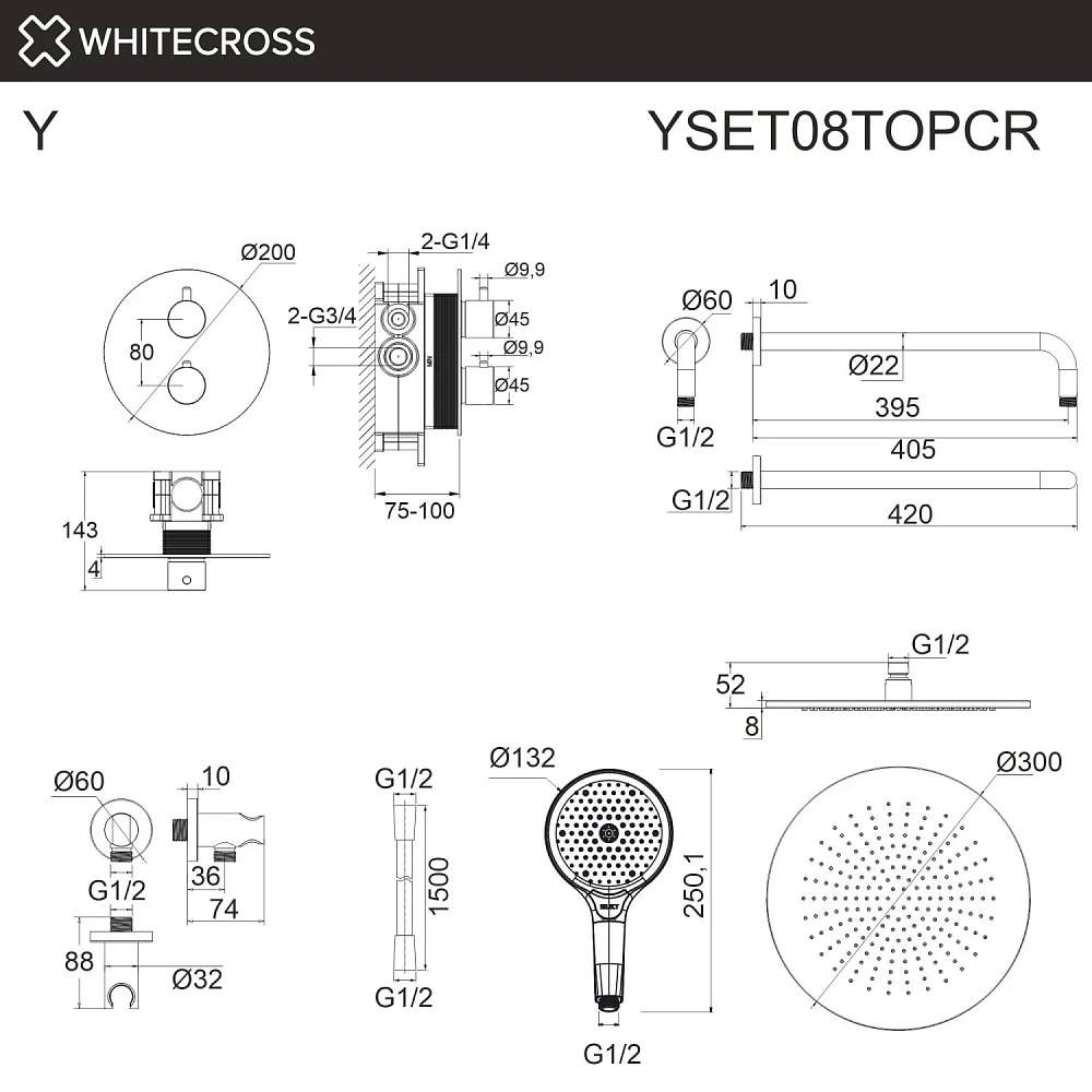 Душевой комплект WHITECROSS Y YSET08TOPCR, С ВНУТРЕННЕЙ ЧАСТЬЮ, хром