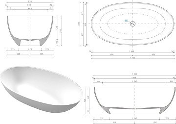 Ванна из искусственного камня WHITECROSS Diamond 170x85 см, отдельностоящая, матовая белая, овальная