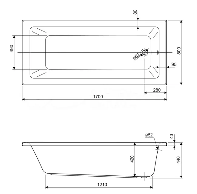 Акриловая ванна Cezares Plane Solo Mini 170-80-42-W37 без опоры 170x80 см, пристенная, белая Sancos — Оригинал