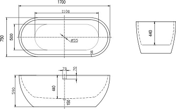 Акриловая ванна Art&Max 170x75 см, AM-218-1700-750