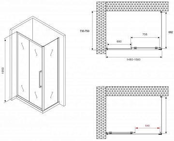 Душевой уголок Abber Schwarzer Diamant AG30150MH-S75M 150х75, профиль хром, стекло матовое