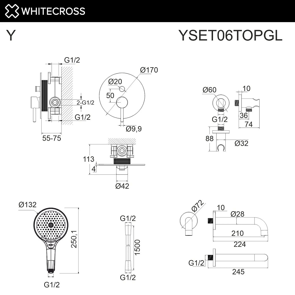 Душевой комплект WHITECROSS Y YSET06TOPGL, С ВНУТРЕННЕЙ ЧАСТЬЮ, золото