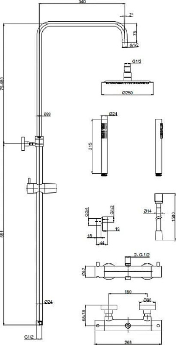 Душевая стойка AQUAme AQM8006BG, шлифованное золото