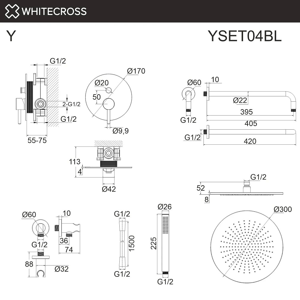 Душевой комплект WHITECROSS Y YSET04BL, С ВНУТРЕННЕЙ ЧАСТЬЮ, черный матовый