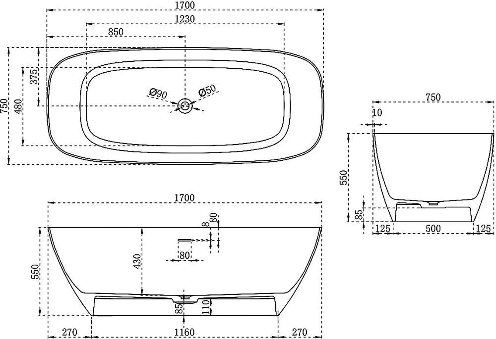 Ванна из искусственного камня Vincea VBT-6S02MW 170x75 см, отдельностоящая, матовая белая, овальная, Sancos — официальный сайт