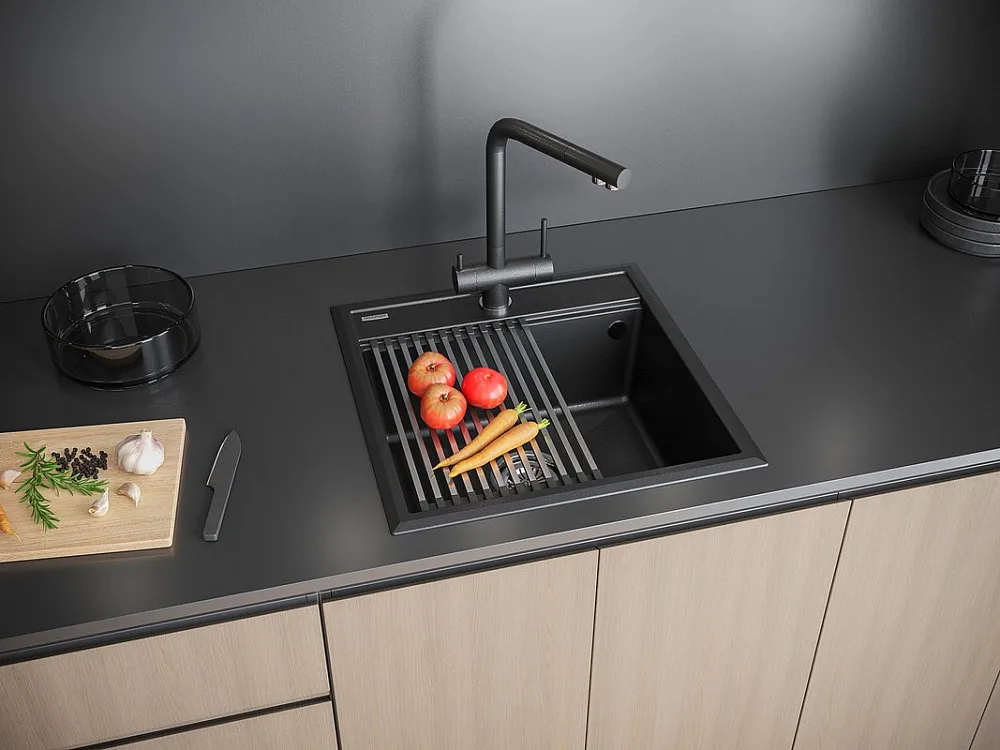 Мойка кухонная Paulmark Stepia + Step PM115051-BLM+R375-BS черный металлик Sancos — официальный сайт