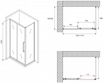 Душевой уголок Abber Schwarzer Diamant AG30170BH-S75B 170x75, профиль черный, стекло прозрачное