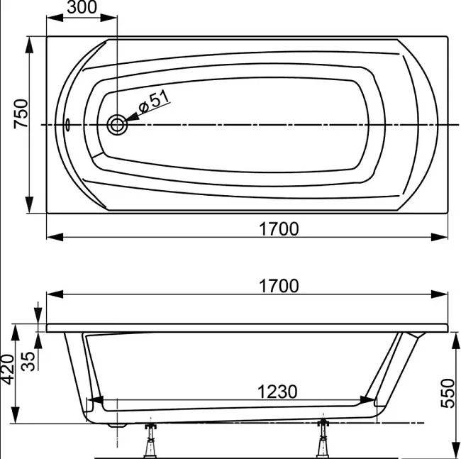 Акриловая ванна Vagnerplast Ebony VPBA170EBO2X-04 без опоры 170x75 см, пристенная, белая Sancos — Оригинал
