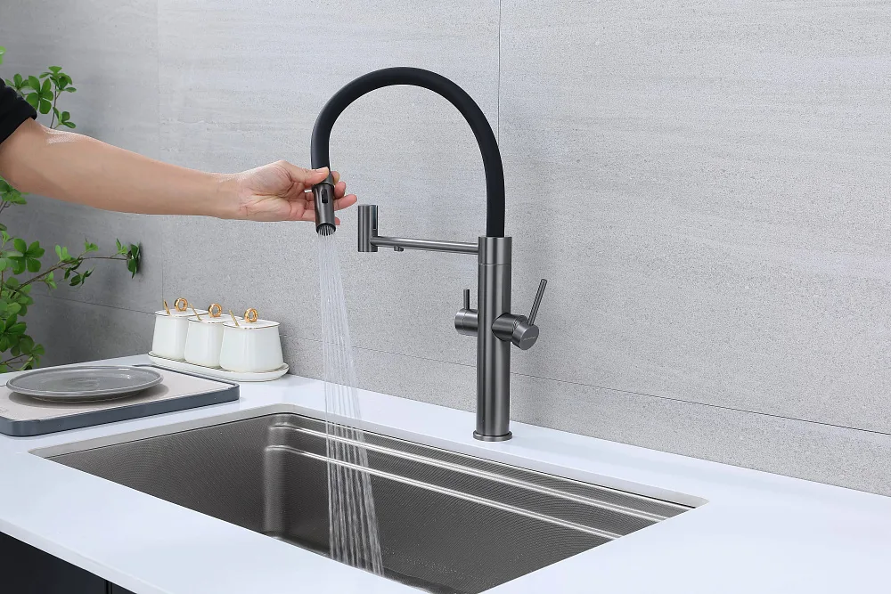 Смеситель для кухни Paulmark Nexus Ne213999-GM с гибким изливом, вороненая сталь Sancos — официальный сайт