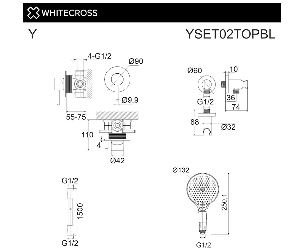 Душевой комплект WHITECROSS Y YSET02TOPBL С ВНУТРЕННЕЙ ЧАСТЬЮ, черный матовый Sancos — официальный сайт