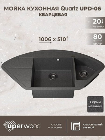 Кухонная мойка кварцевая Uperwood Quartz UPD-06-03, угловая двухсекционная, серая