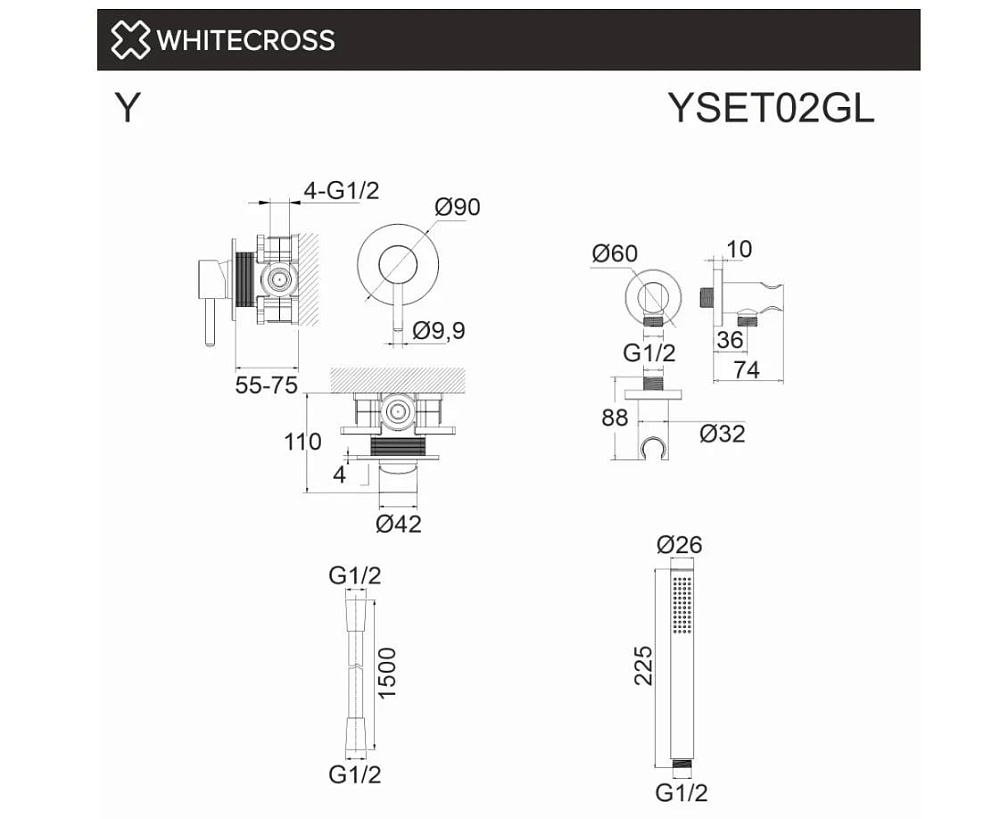 Душевой комплект WHITECROSS Y YSET02GL С ВНУТРЕННЕЙ ЧАСТЬЮ, золото
