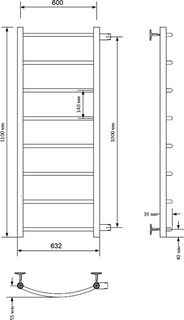 Полотенцесушитель водяной Indigo Arc LASW110-60-б/п-100 боковое подключение, серебристый