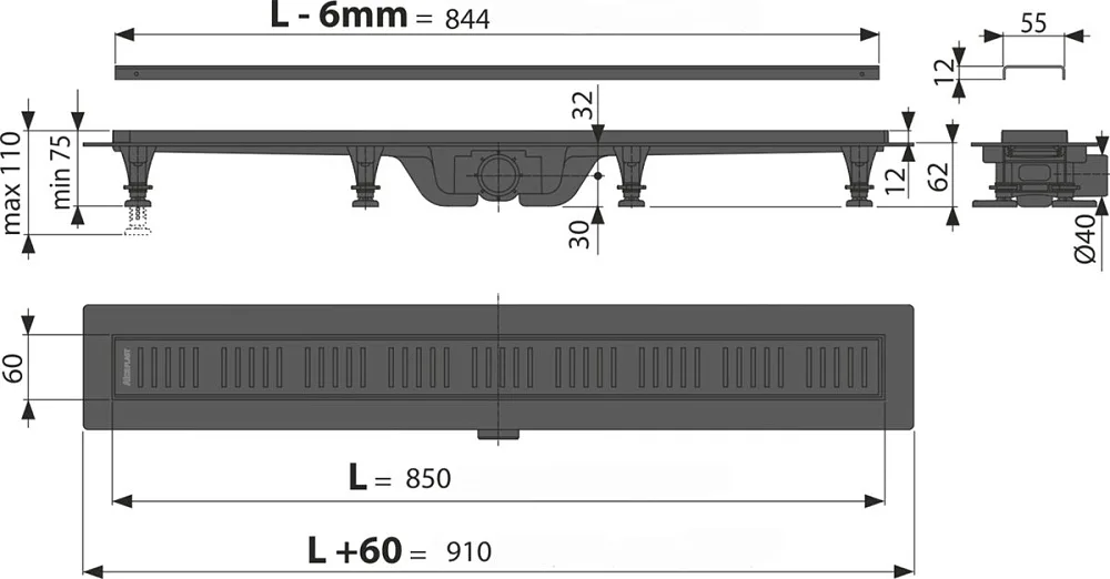 Душевой трап (лоток) AlcaPlast APZ10Black APZ10BLACK-850M, с решеткой и опорами Sancos — официальный сайт