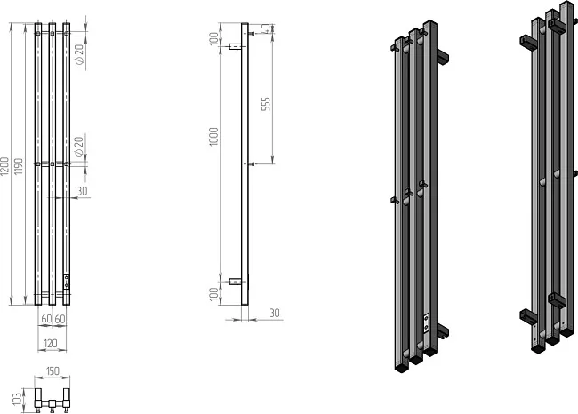 Полотенцесушитель электрический Двин X-3 plaza neo 120х12, матовый черный Sancos — Оригинал