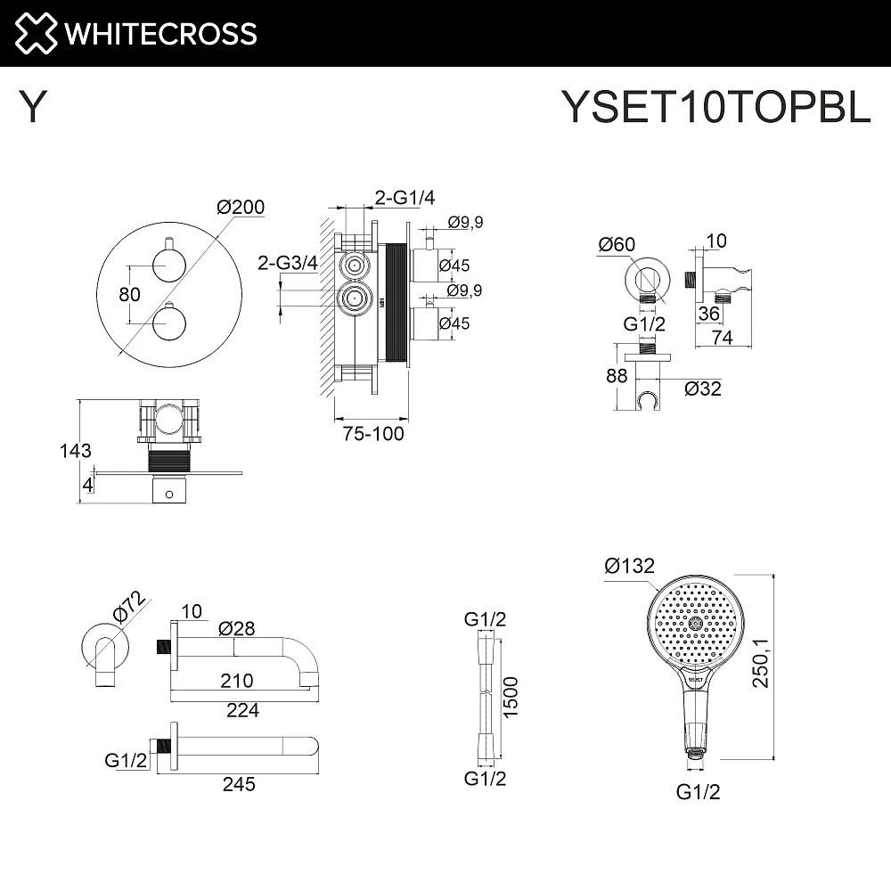 Душевой комплект WHITECROSS Y YSET10TOPBL, С ВНУТРЕННЕЙ ЧАСТЬЮ, черный матовый Sancos — официальный сайт