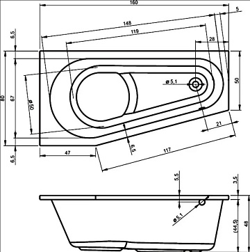 Акриловая ванна Riho Delta 160x80 см, правая, B068001005