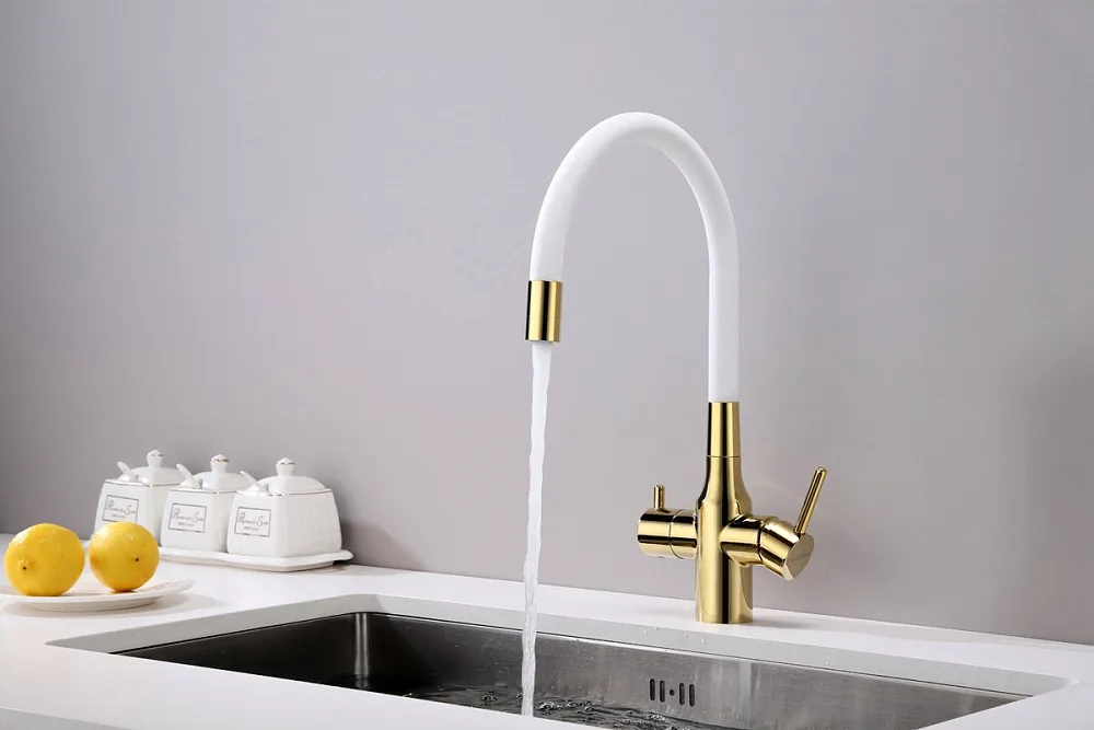 Смеситель для кухни Paulmark Salix 213419-Gw, золото, белый, с гибким изливом Sancos — официальный сайт