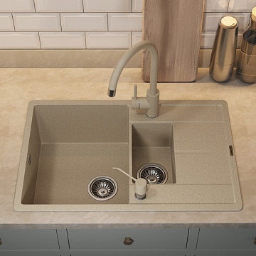 Кухонная мойка кварцевая Uperwood Quartz UPD-05-02, прямоугольная двухсекционная, бежевая