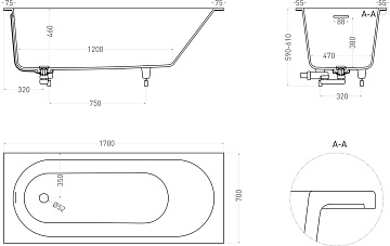 Ванна из искусственного камня Salini Ornella Kit S-Sense 170x70 см, встраиваемая, белая, на ножках, 
