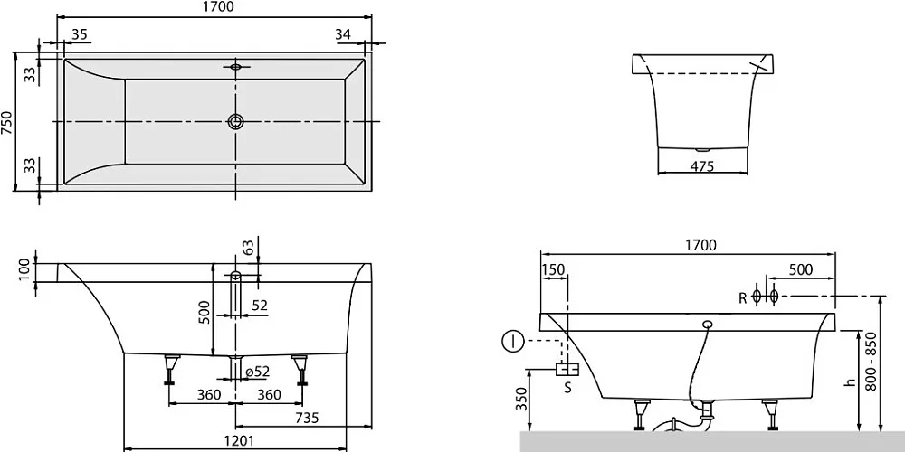 Акриловая ванна Villeroy & Boch Squaro UBQ170SQR2V-01 170x75 см, встраиваемая, цвет альпийский белый Sancos — официальный сайт