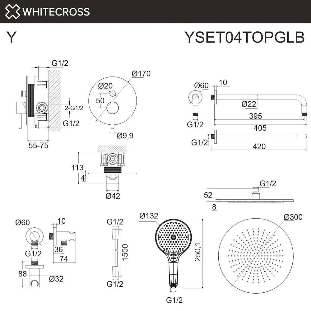 Душевой комплект WHITECROSS Y YSET04TOPGLB, С ВНУТРЕННЕЙ ЧАСТЬЮ, брашированное золото