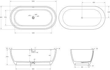 Ванна из искусственного камня Cezares Stylus Solid Surface 160x80 см, отдельностоящая, матовая белая