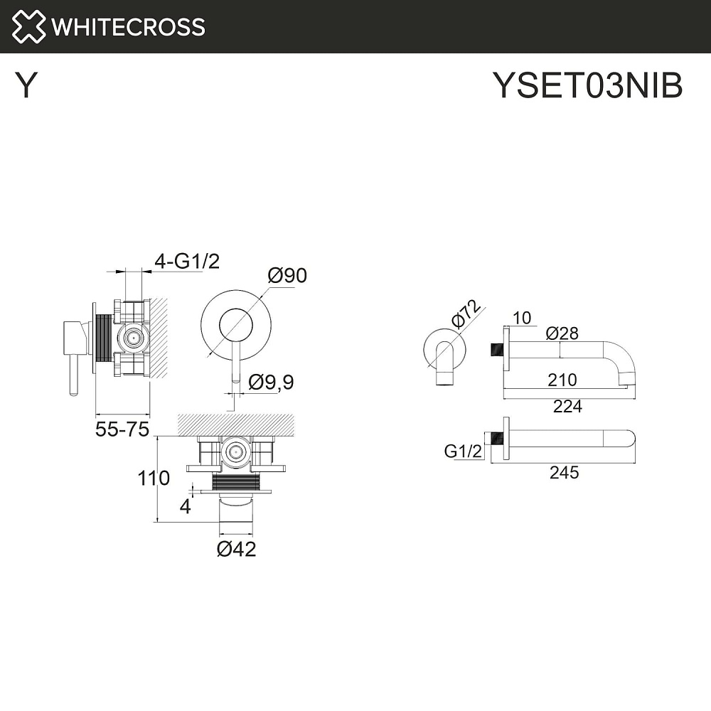 Смеситель для раковины WHITECROSS Y YSET03NIB С ВНУТРЕННЕЙ ЧАСТЬЮ, брашированный никель