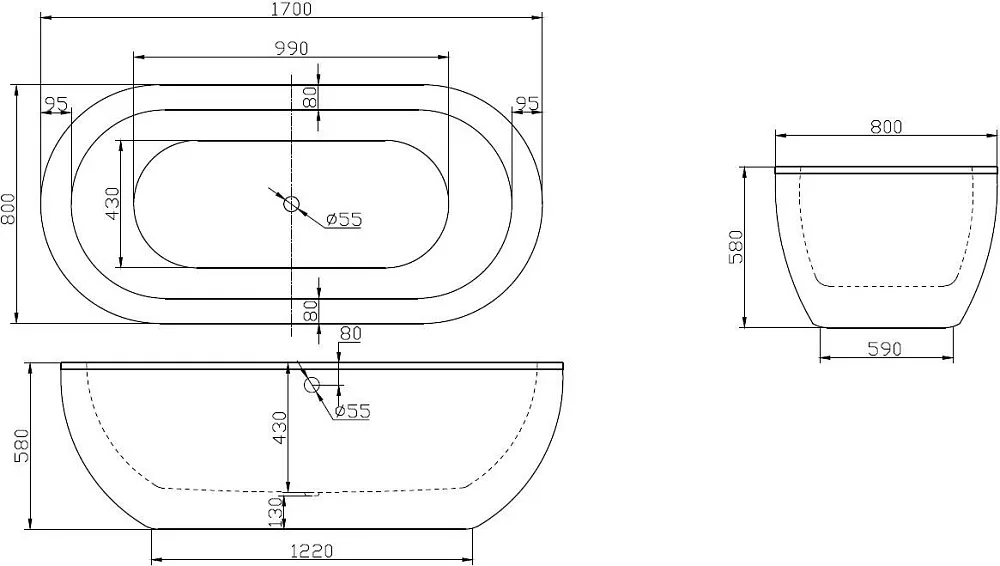 Акриловая ванна BelBagno BB13-1700 170x80 см, отдельностоящая, белая, овальная Sancos — официальный сайт