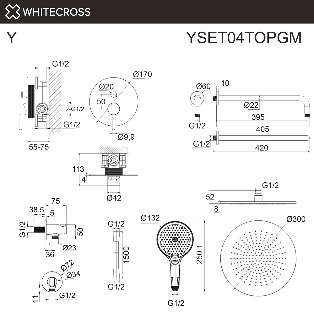 Душевой комплект WHITECROSS Y YSET04TOPGM, С ВНУТРЕННЕЙ ЧАСТЬЮ, оружейная сталь